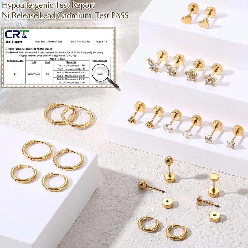 Jstyle Hypoallergenic 14K Gold Plated Flat Back Earrings for Women Men Surgical Stainless Steel Earrings for Sensitive Ears Small Stud Hoop Cartilage Earring Stack Set for Multiple Piercing Jewelry - Image 3